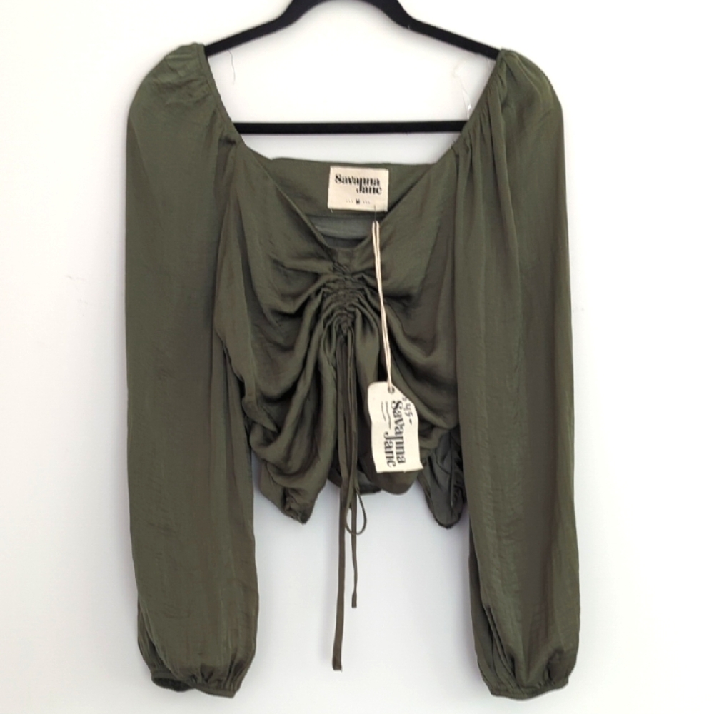 NWT Savanna Jane Olive Green Ruched Crop Long Sleeve Blouse Size‎ M